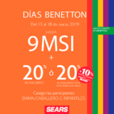 Sears – Días Benetton / Hasta 9 MSI + 20% de descuento ó 20% de descuento + 10% adicional  en la marca Benetton…