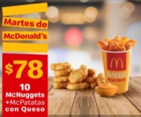 McDonald’s – Martes de McDonald’s / 10 McNuggets + 2 conos de vainilla a $45 usando cupón este 16 de abril de 2019..